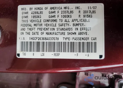 2008 Honda Accord Lx from USA, damaged, VIN 1HGCP26368A037079